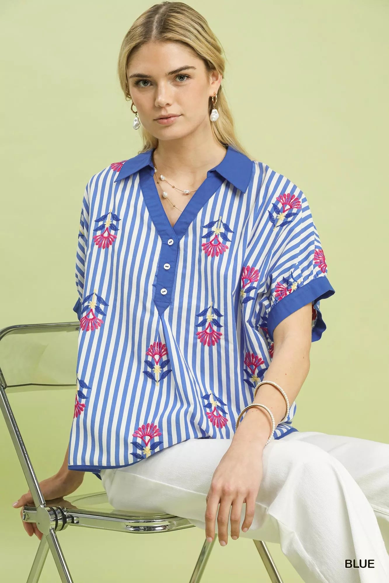 Umgee Stripe Embroidered Button-Front Boho Blouse Secondary image