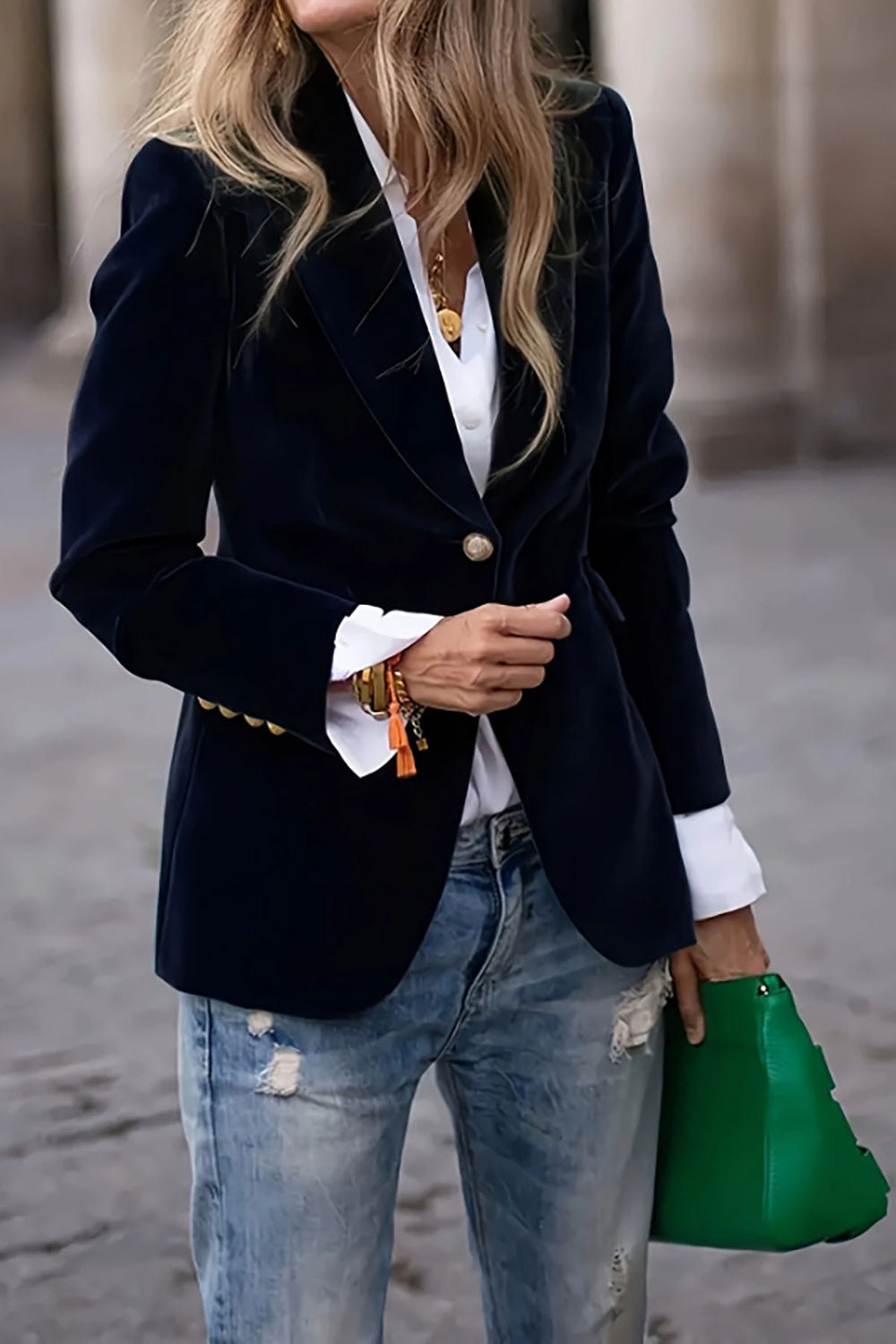 One Button Lapel Collar Long Sleeve Blazer - felvior