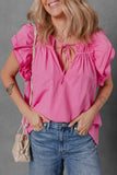 Shirred Tie Neck Ruffled Cap Sleeve Blouse - felvior