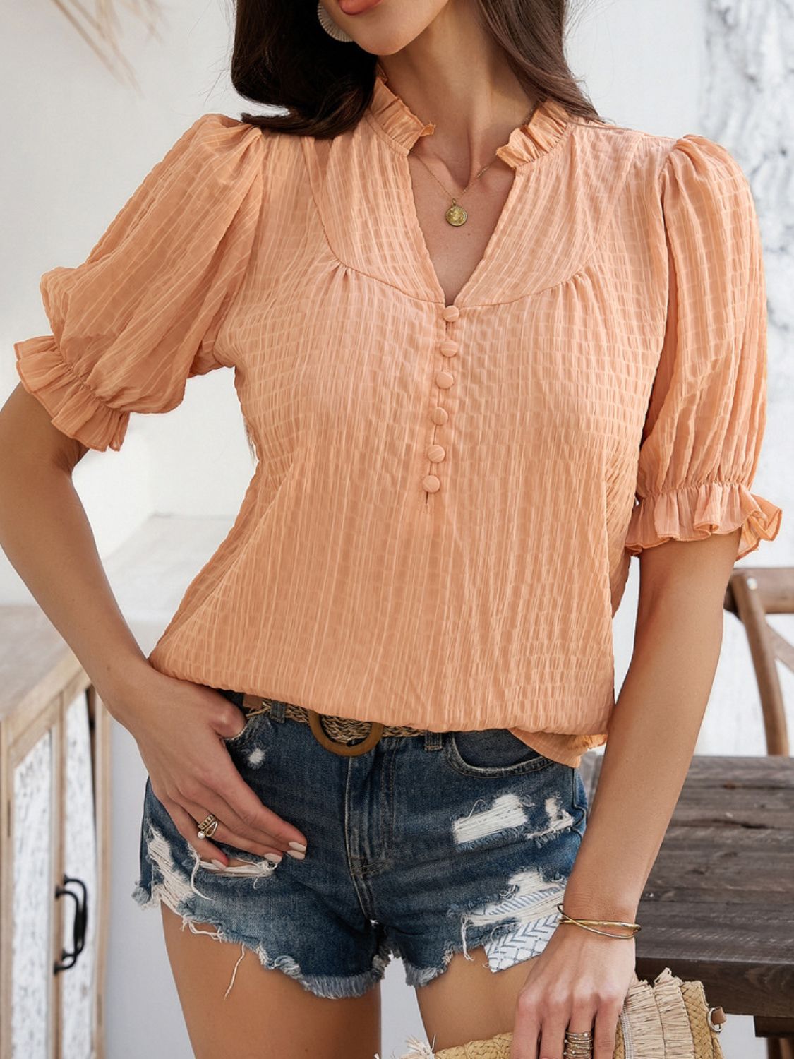 Devine Frill Notched Short Sleeve Blouse - felvior