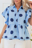 Polka Dot Print Ruffled Short Sleeve Buttoned Collared Blouse - felvior
