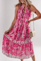 Floral Sleeveless Tasseled Tie Neck Tiered Midi Dress