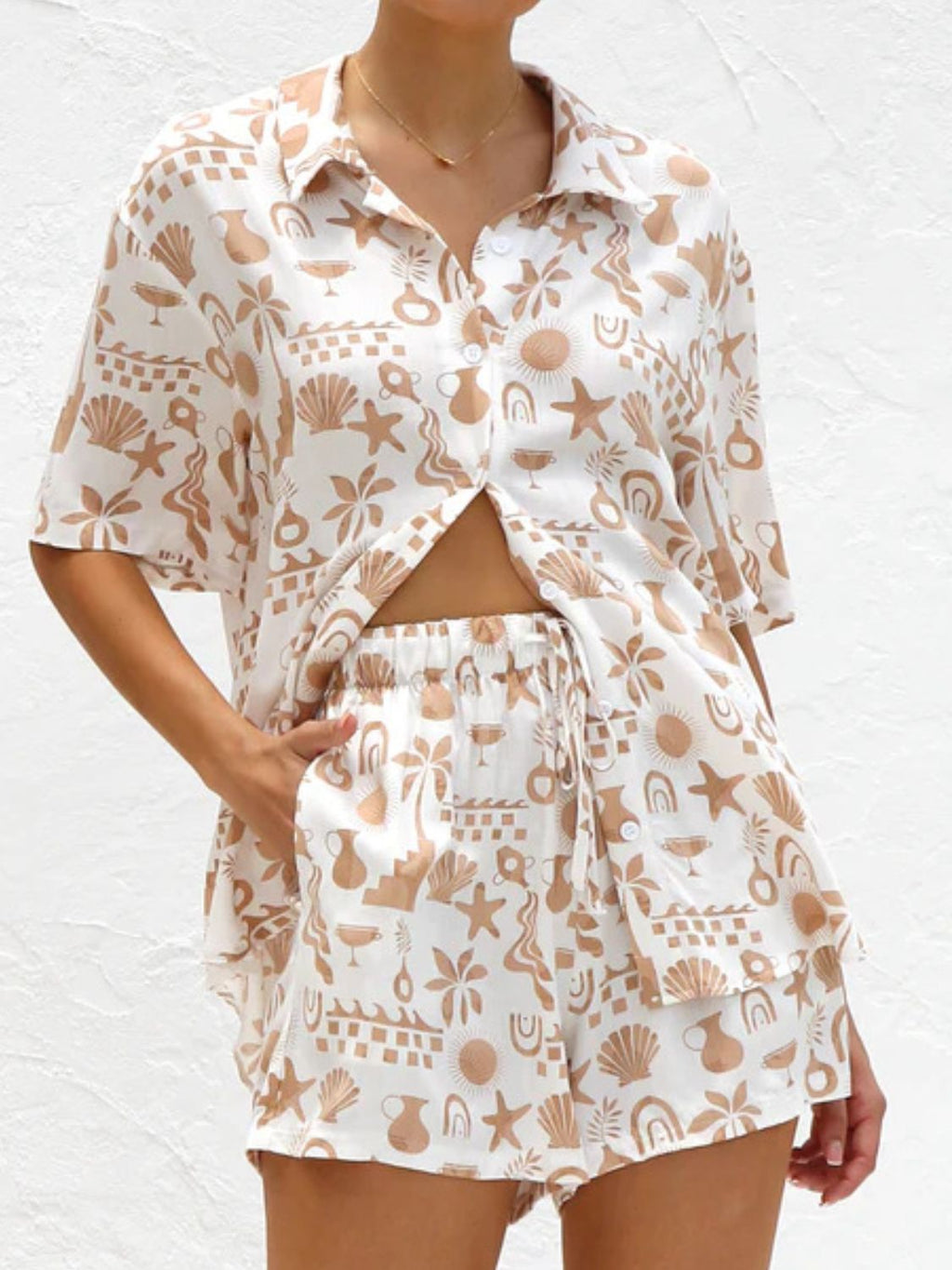 Printed Button Down Short Sleeve Top and Shorts Set