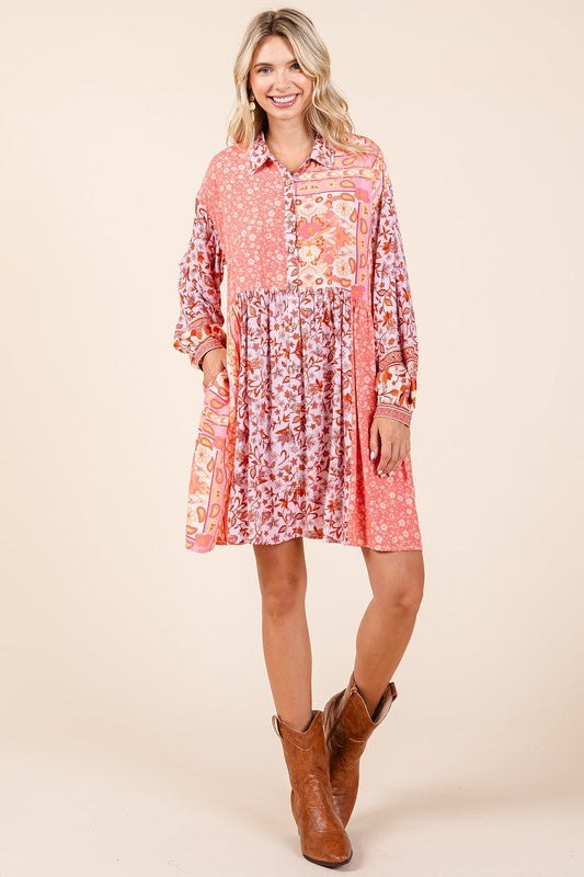 Mittoshop Floral Button Detail Long Sleeve Shirt Dress - felvior