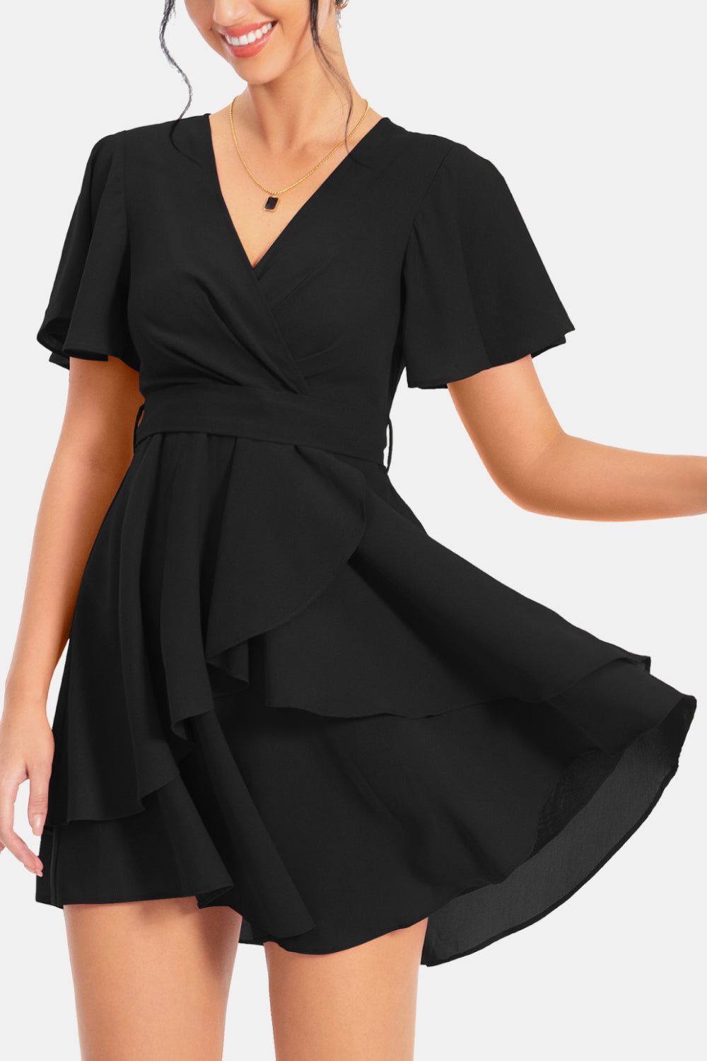 Surplice Neck Flutter Sleeve Dress - felvior