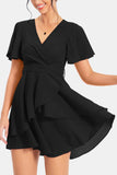 Surplice Neck Flutter Sleeve Dress - felvior