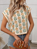 Flower Round Neck Short Sleeve Knit Top - felvior