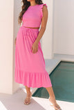 Ruffle Trim Round Neck Top and Drawstring Skirt Set - felvior