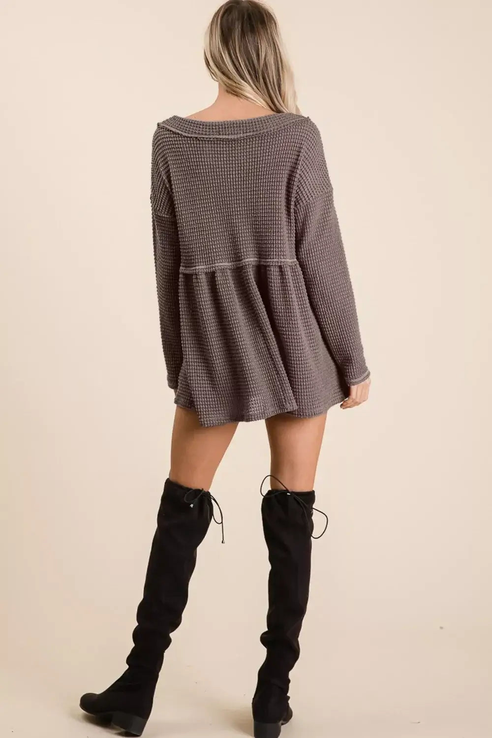 BiBi Waffle Knit V-Neck Babydoll Blouse