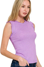 Zenana Ribbed Ruffle Trim Sleeveless Stripe Top