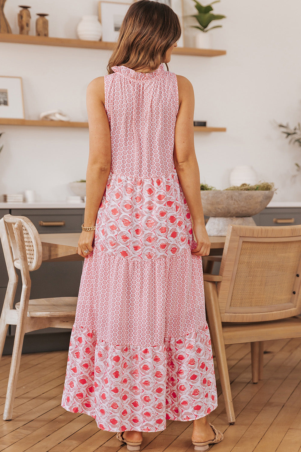 Mixed Print Tie-Neck Sleeveless Maxi Dress - felvior