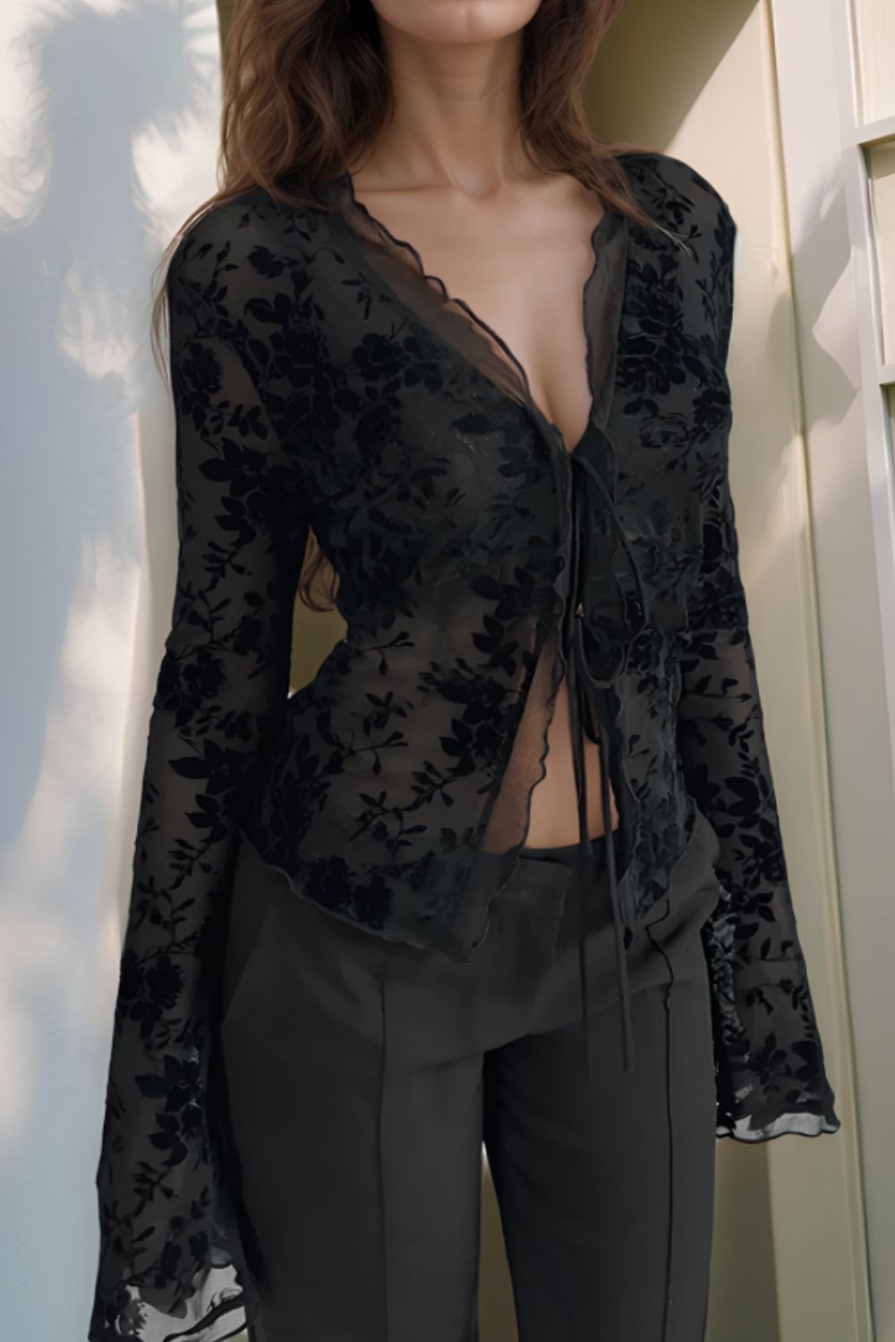 Double Tied Long Sleeve Blouse - felvior
