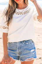 Lace Crochet Crew Neck Casual T Shirt