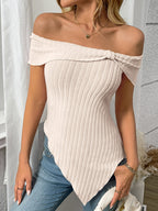 Ribbed Off-Shoulder Asymmetrical Hem T-Shirt