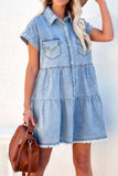 Raw Hem Button Down Denim Mini Dress - felvior