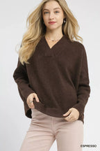 Umgee V-Neck Sweater with Wide Trim Detail