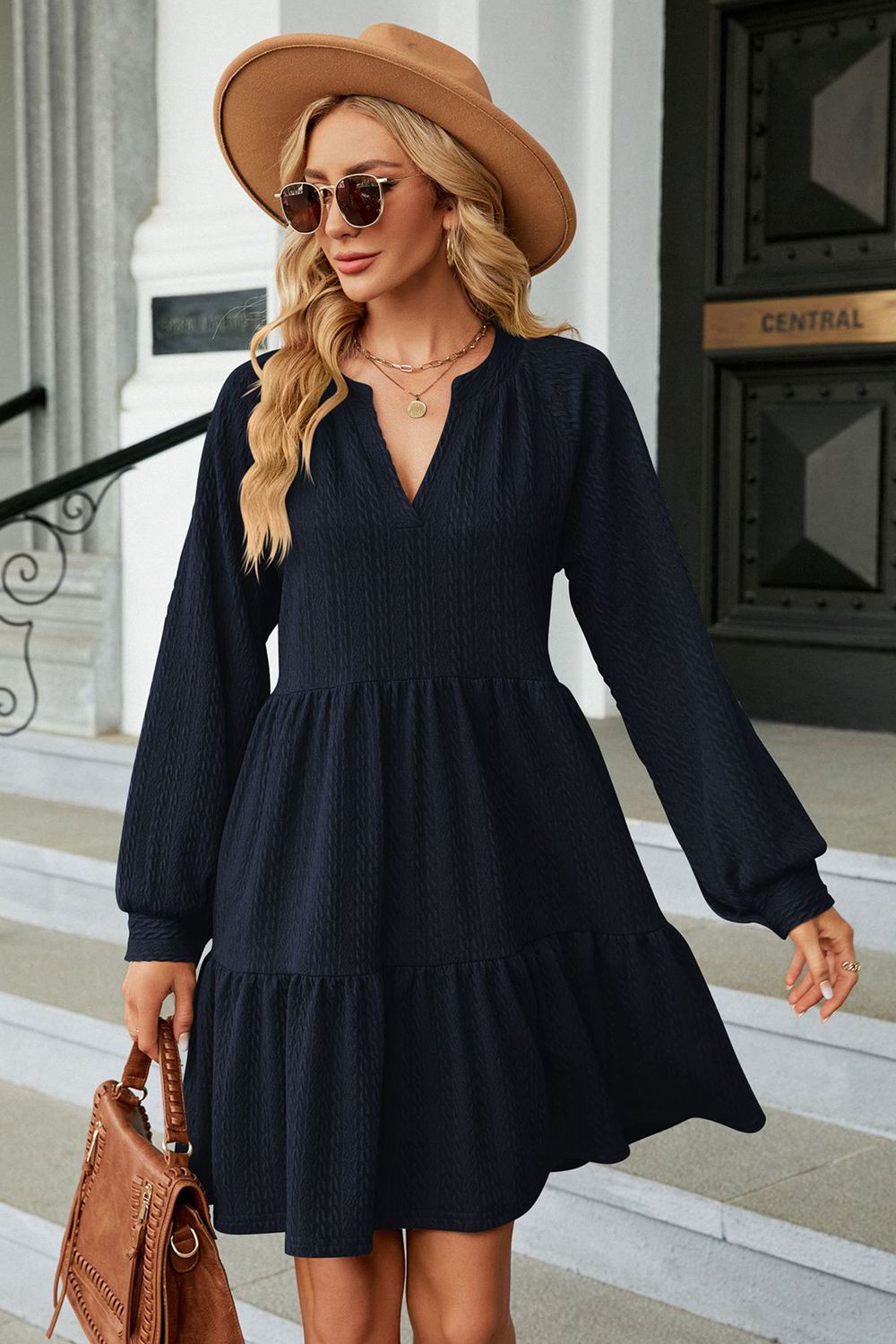Notched Neck Long Sleeve Mini Dress - felvior
