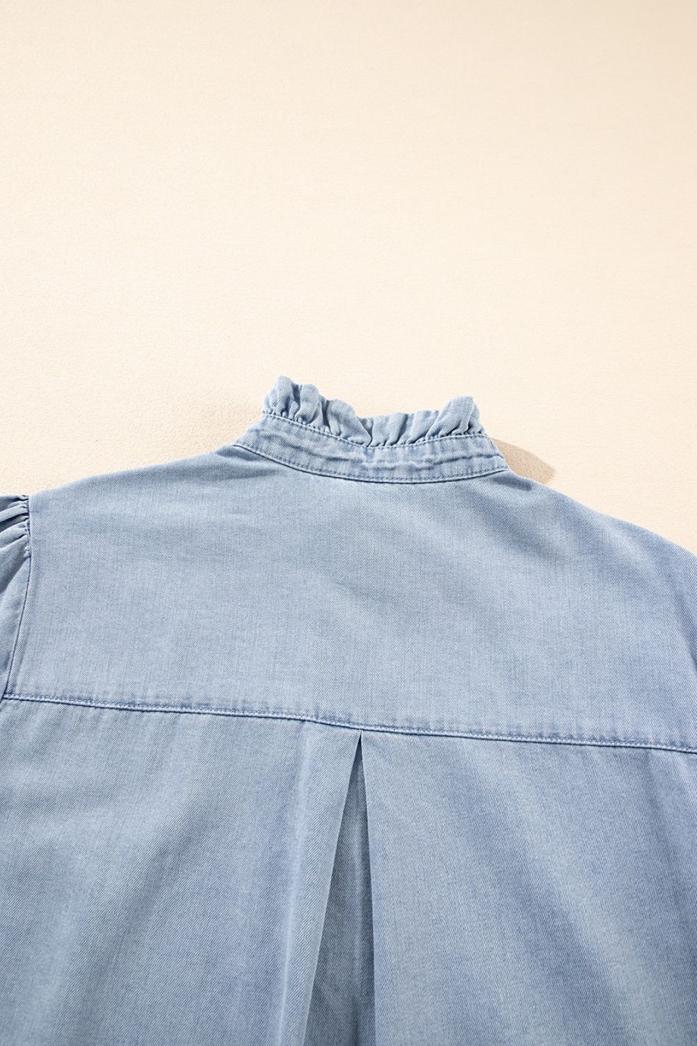 Ruffle Short Puff Sleeve Button Down Denim Shirt - felvior
