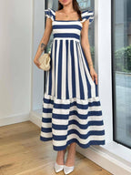 Smocked Striped Square Neck Cap Sleeve Dress