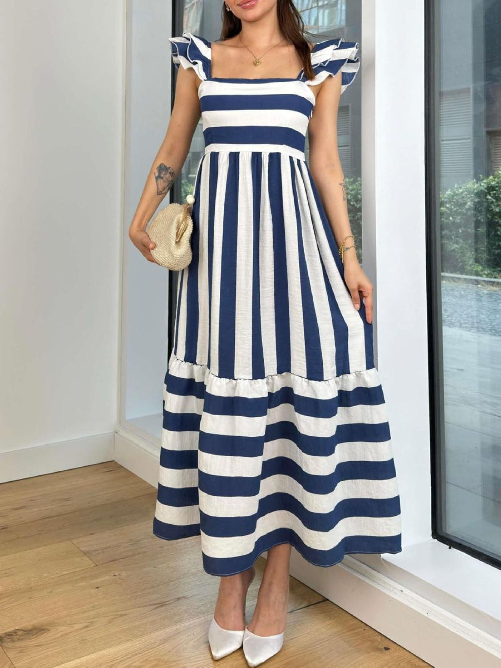 Smocked Striped Square Neck Cap Sleeve Dress - felvior