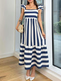 Smocked Striped Square Neck Cap Sleeve Dress - felvior