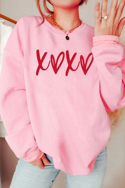 Valentine’s Day XOXO Round Neck Drop Shoulder Sweatshirt - felvior