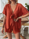 Tie Front Short Sleeve Top and Shorts Set - felvior