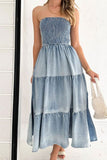 Smocked Tube Slit Tiered Denim Dress - felvior