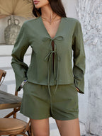 Devine Double Tied V-Neck Top and Shorts Set