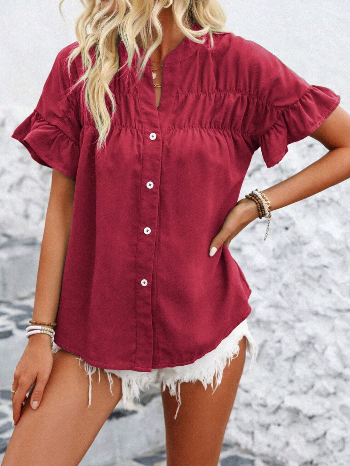 Button Down Ruffled Short Sleeve Shirt - felvior