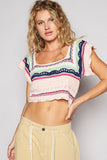 POL Openwork Ethnic Pattern Square Neck Cropped Knit Top - felvior