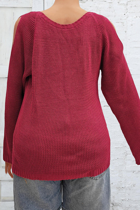 Plus Size Cold Shoulder Round Neck Sweater - felvior