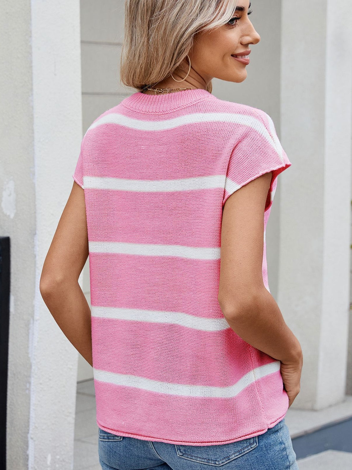 Exposed Seam Striped Round Neck Knit Top - felvior