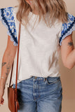 Round Neck Printed Ruffled Cap Sleeve Blouse - felvior