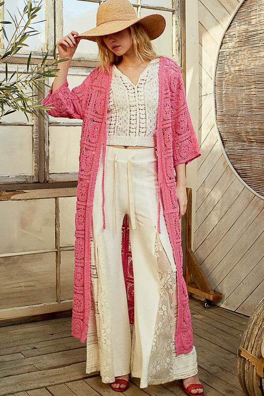 POL Tied Crochet 3/4 Sleeve Longline Cardigan - felvior