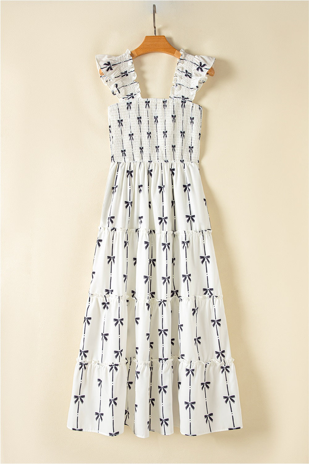 Bow Print Smocked Square Neck Ruffle Tiered Maxi Dress
