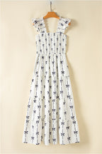 Bow Print Smocked Square Neck Ruffle Tiered Maxi Dress