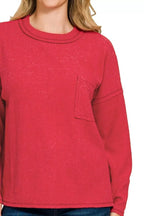 Zenana Ribbed Brushed Melange Hacci Sweater with Chest Pocket