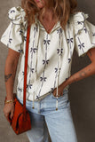 Bow Print Tie Neck Short Sleeve Blouse - felvior
