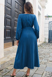 Pleated Long Sleeve Surplice Maxi Dress - felvior