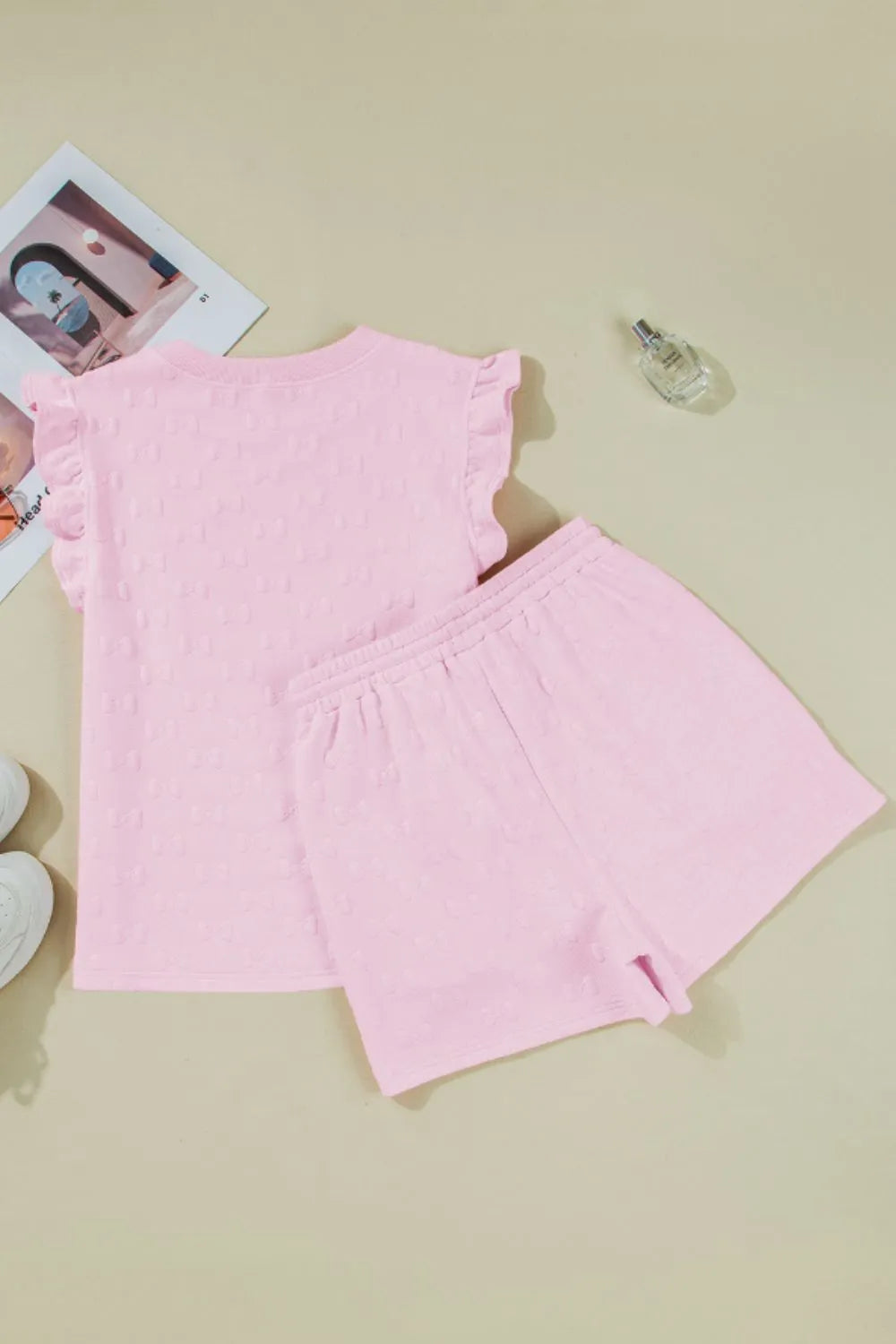 Bow Jacquard Ruffle Cap Sleeve Top and Shorts Set