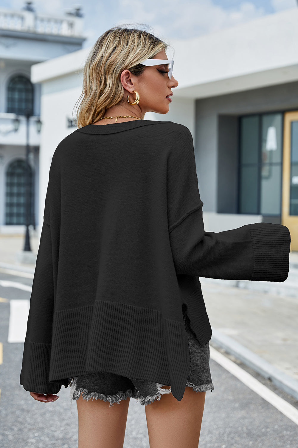 High-Low Slit Round Neck Long Sleeve Sweater - felvior