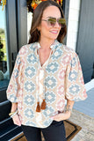 Tassel Tie Neck Balloon Sleeve Blouse - felvior