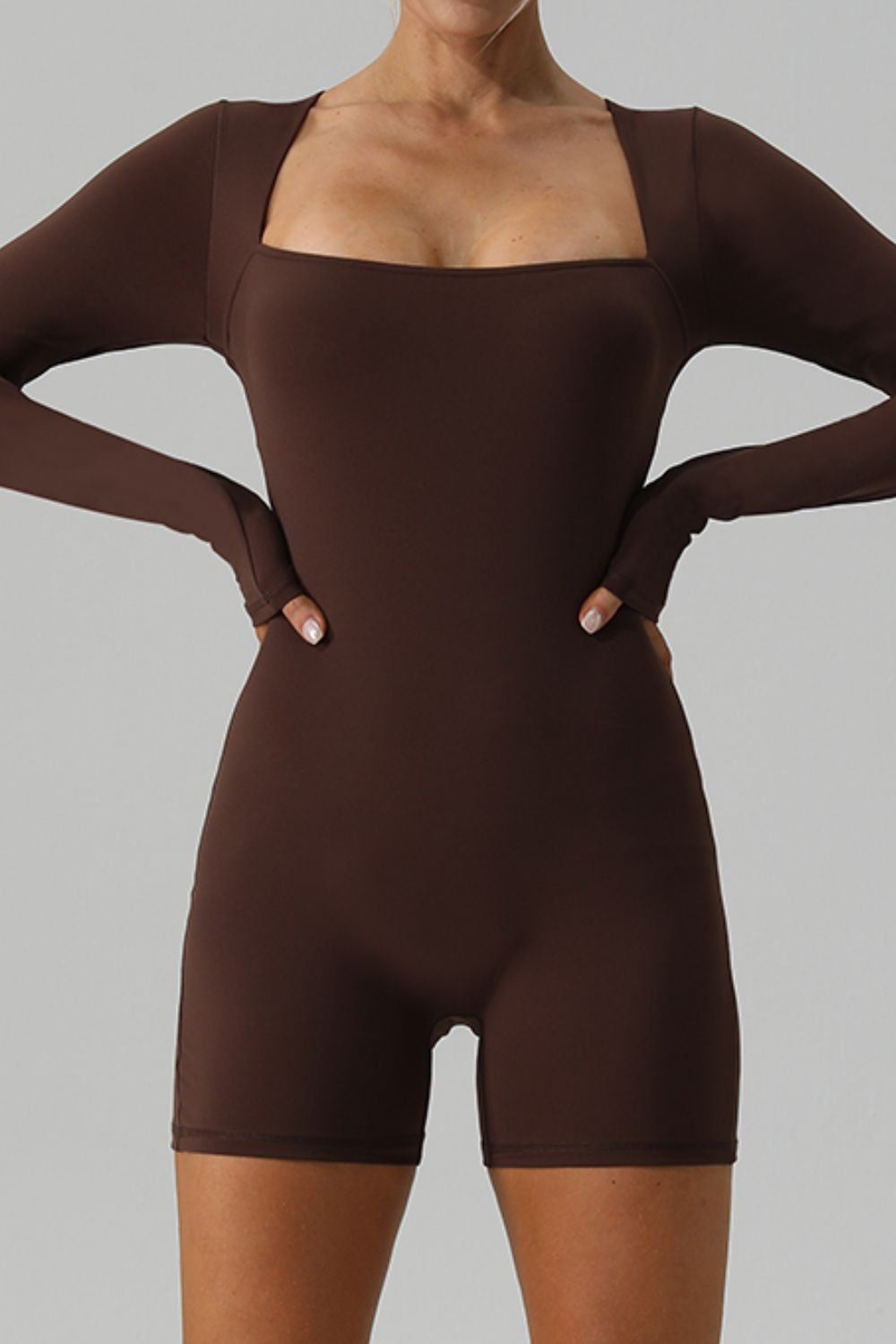 Square Neck Long Sleeve Active Romper - felvior