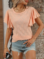 Eyelet Round Neck Flutter Sleeve Top