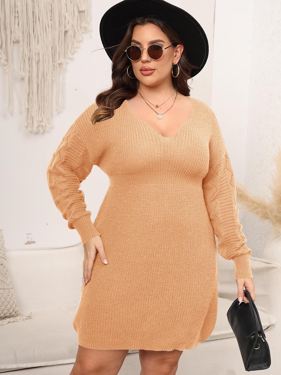 Plus Size Dropped Shoulder Long Sleeve Knit Mini Dress - felvior