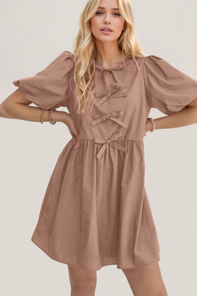 Oh Bow Ruched Puff Sleeve Mini Dress - felvior