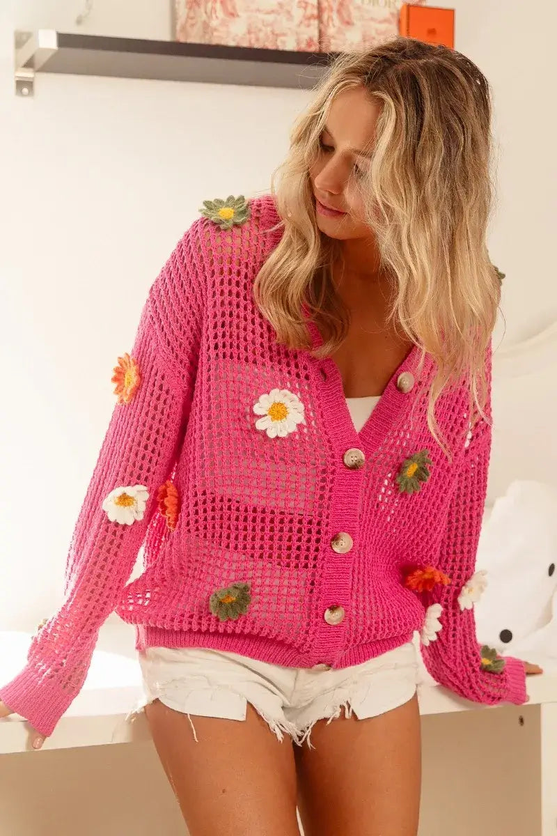 BiBi Flower Patches Open Knit Sweater Cardigan