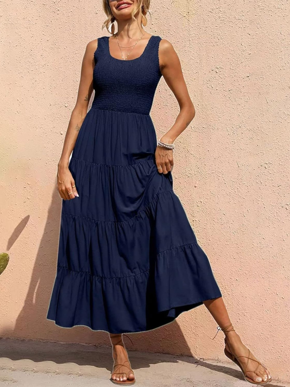 Tiered Smocked Wide Strap Dress - felvior