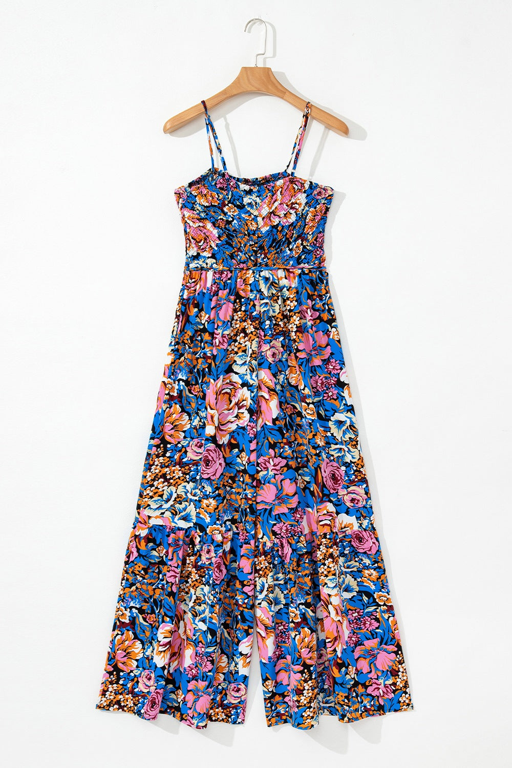 Floral Smocked Spaghetti Straps Wide Leg Jumpsuit